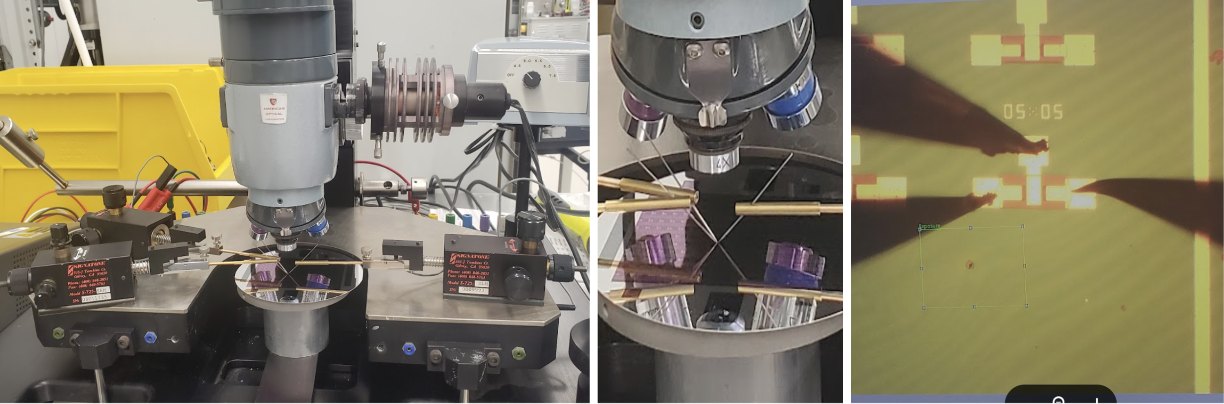 Probe station: the microscope and probe arms over the wafer, a close-up of the probe tips, and a microscope view of the probes landed on a transistor's pads