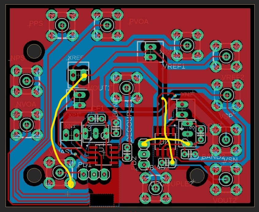 PCB layout of the detector board, with SMA connectors around the edge labeled for supply, bias, reference and output signals, and yellow lines drawn over the layout