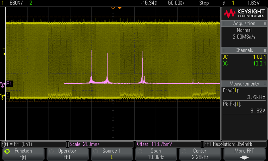 Oscilloscope capture of a received shot, with the time-domain signal in yellow and its FFT in pink
