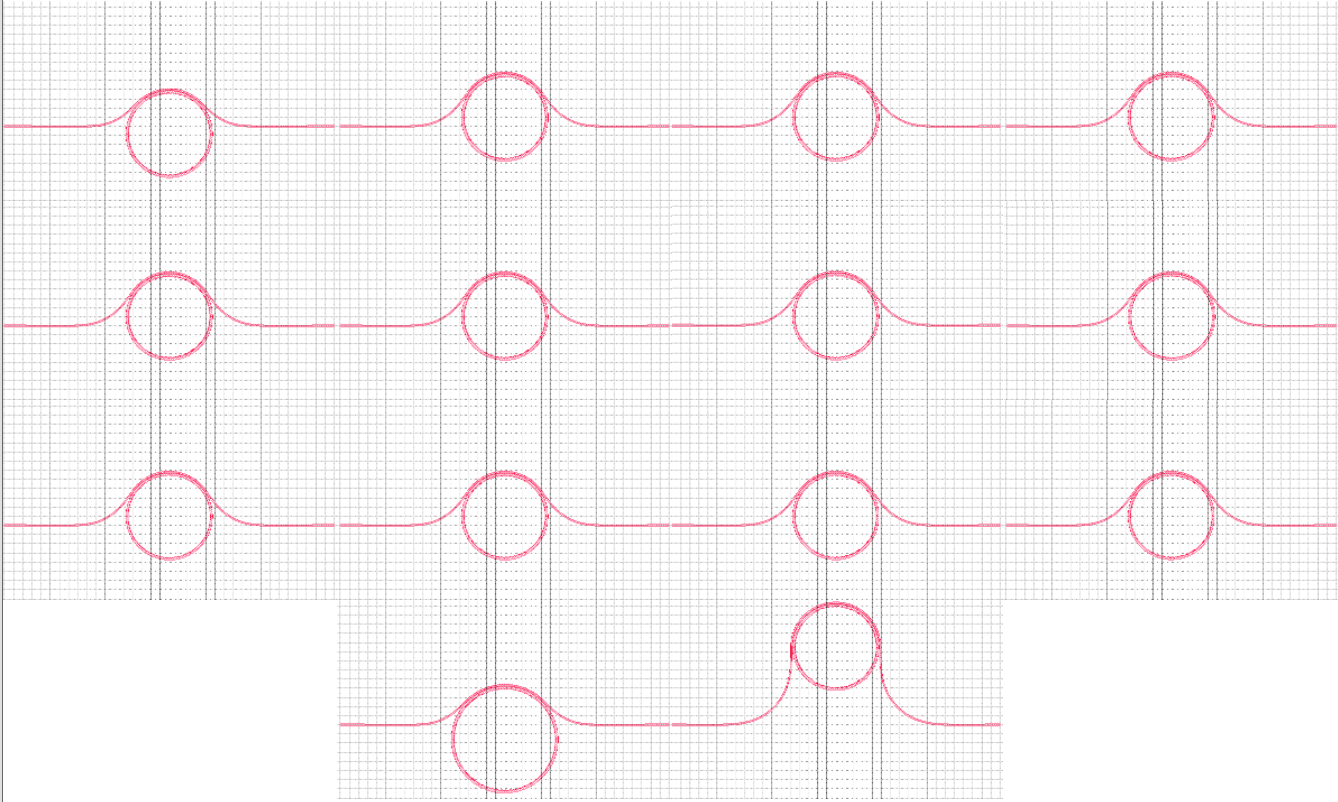 Layout of an array of fourteen ring resonators, each coupled to its own bus waveguide