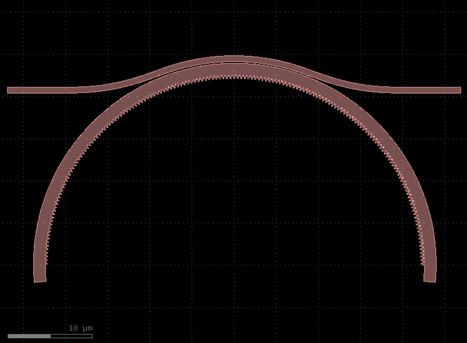 GDS layout of half of a ring resonator and its bus waveguide, with a periodic corrugation along the ring's inner wall