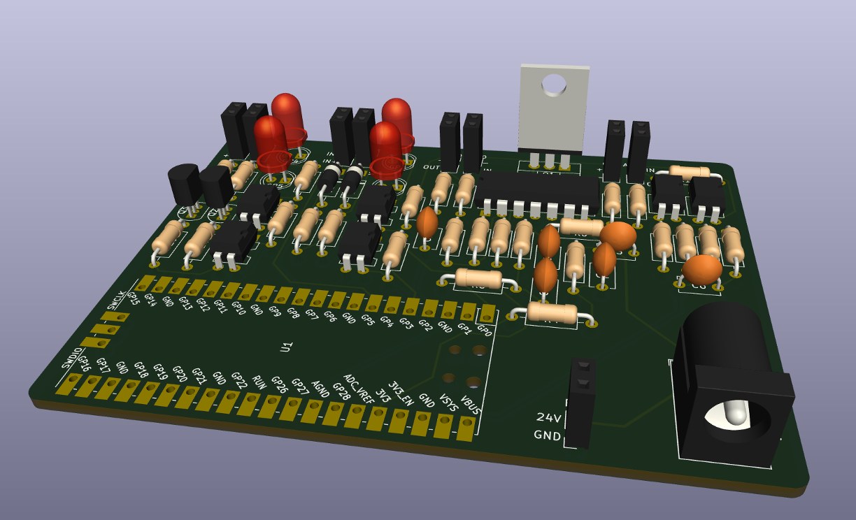 KiCad 3D render of the first, through-hole version of the board, with pads for a Raspberry Pi Pico