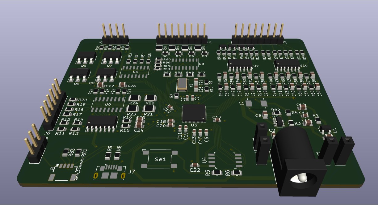 KiCad 3D render of the surface-mount RP2040 board, with the RP2040 chip at the center surrounded by passives, op-amps and connectors