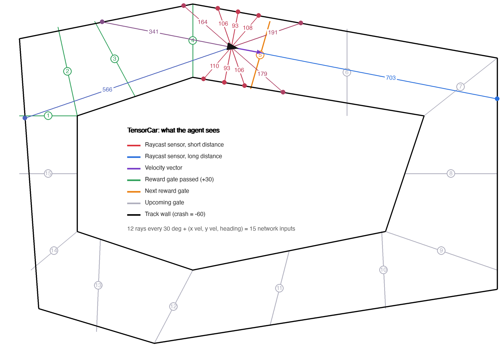 Top-down view of the track showing the car's raycast sensors, velocity vector and numbered reward gates