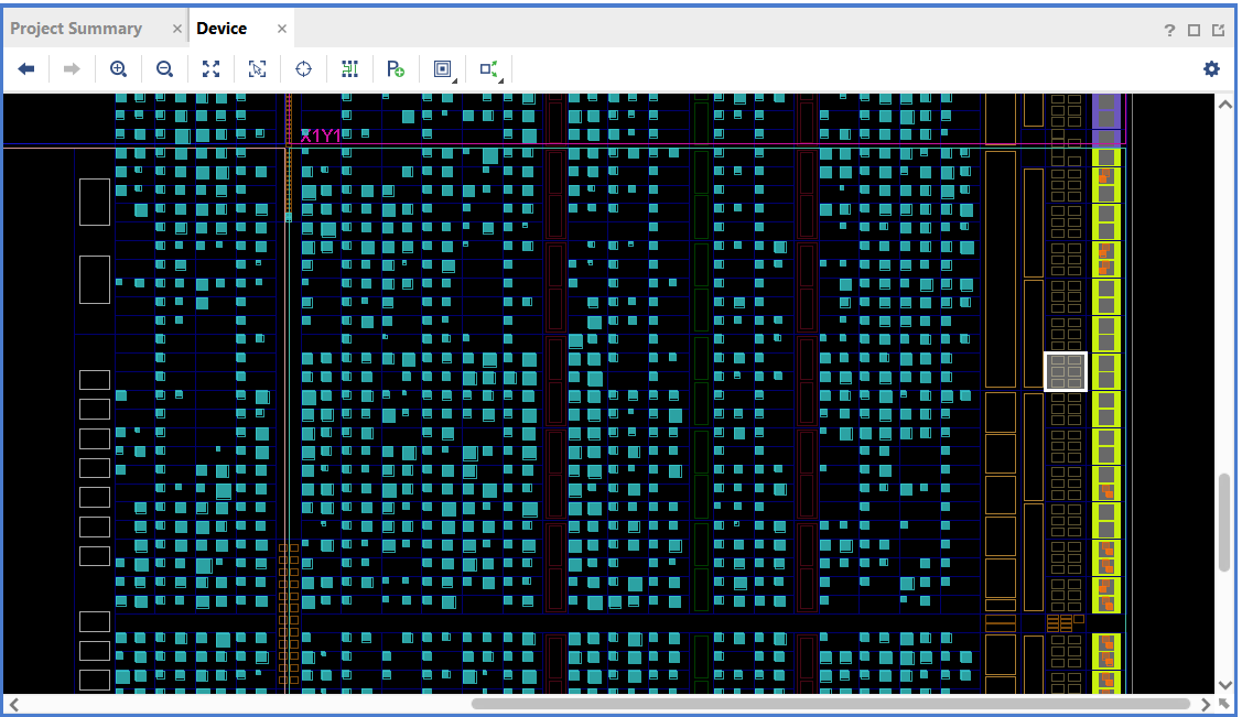 Vivado device view of the Artix-7 FPGA, with the design's logic placed across the chip
