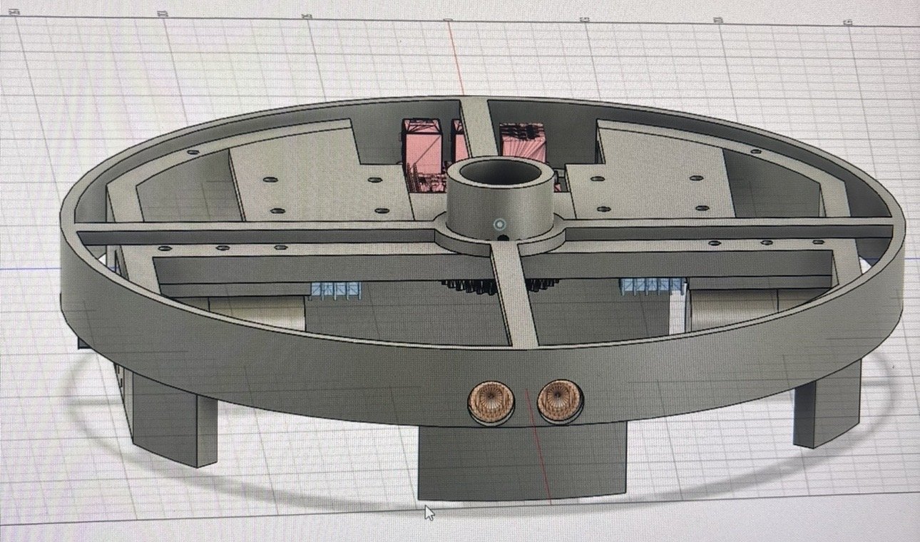 Fusion 360 model of a circular frame with cross-shaped spokes, a central hub and mounting feet